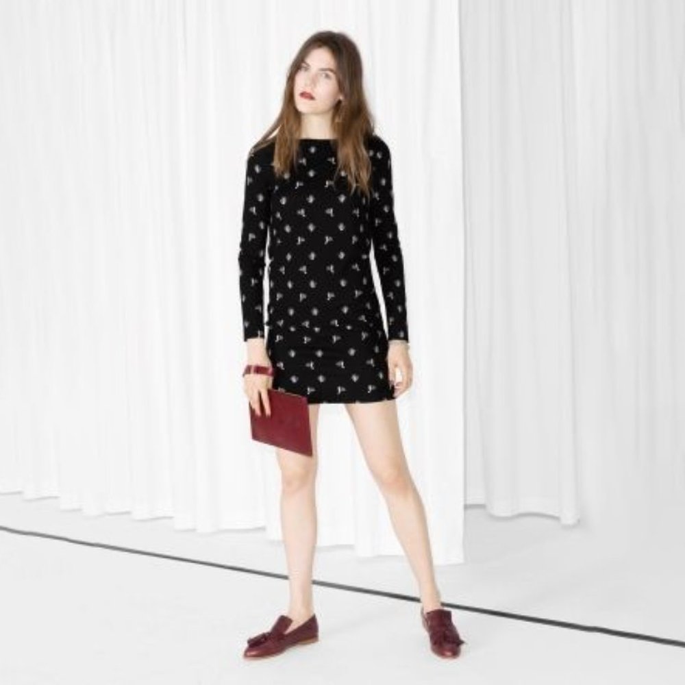 & Other Stories Black White Shift Mini Long Sleeve Dress Cactus Print 4 - Picture 15 of 15